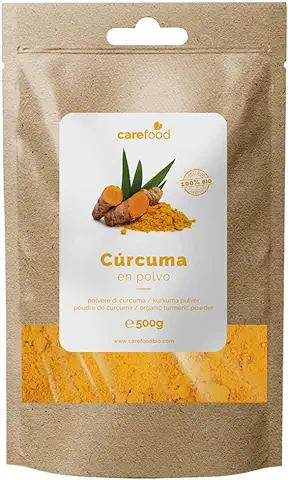 Carefood - Cúrcuma Orgánica en Polvo - Superfood Cúrcuma 100% Bio y Apta para Veganos - Superalimento Ecológico Ideal para Leche Dorada, Comidas y Desayunos - 500 g