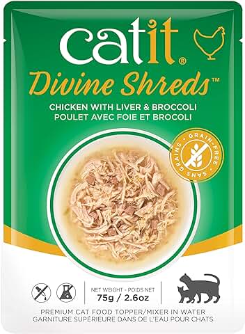 Catit Divine Shreds Comida Húmeda para Gatos, Pollo/Hýgado&Brócoli, 75 g Pouch  