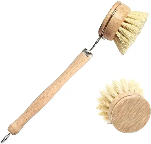 Cepillo De Madera Calidad con 2 Cabezales De Recambio, Cepillos para Fregar Platos de Bambú Limpieza del Hogar para Lavar Ollas, Sartenes, Platos y Cubiertos Intercambiable/Cabezal de Repues  