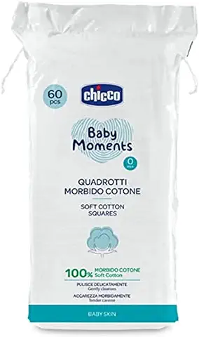 Chicco Baby Moments Cuadrotti Suave Algodón, Limpia Suavemente y Acaricia Suavemente, Baby Skin, Blanco, 60 Piezas, 0+ Meses  