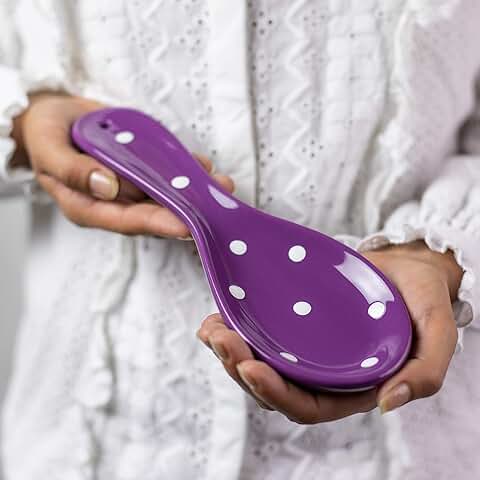 City to Cottage® Reposacucharas de Cerámica Hecho y Pintado a Mano en Morado y Blanco | Soporte para Utensilios  