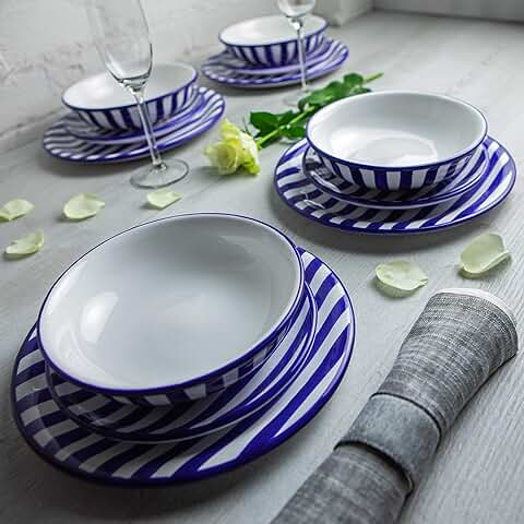 City to Cottage® Set de 12 Piezas de Vajilla de Cerámica Pintada a Mano en Azul Marino a Rayas | Vajilla con Diseño de Lunares para 4 | Plato Grande | Plato Pequeño | Plato Hondo  