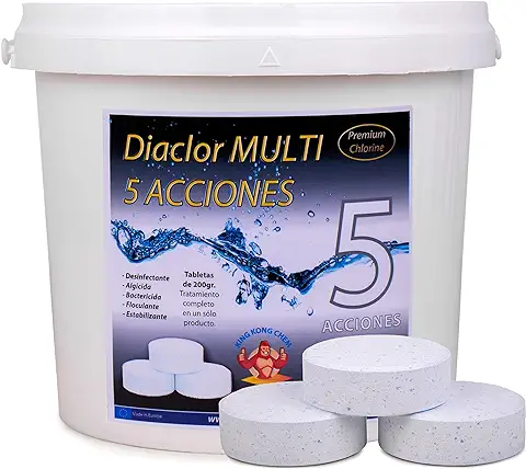 Cloro para Piscinas DIACLOR MULTI 5 ACCIONES 5 KG - 25 Pastillas de Cloro Lento (200 gr- 7,5 cm Diámetro) - Tratamiento Completo 5 EFECTOS - SIN COBRE - Blanco  