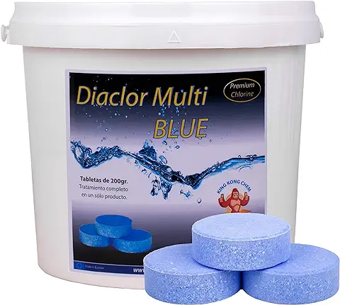 Cloro para Piscinas DIACLOR Multi Blue 5 KG - 25 Pastillas de Cloro Multiacción Efecto Clarificante (Pastilla 200 gr - Diámetro 7,5 cm - Color Azul) – Tratamiento 5 Acciones - SIN Cobre  