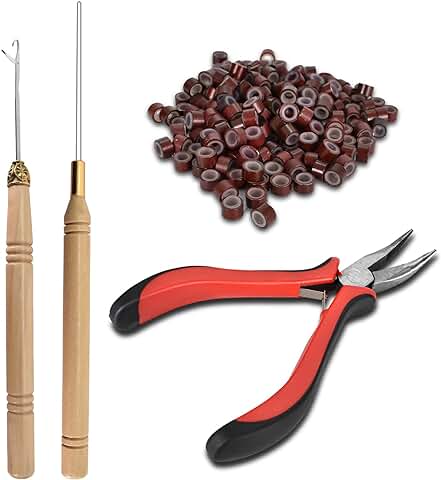Colexy 200 Piezas Micro Anillos y 1 Piezas Alicates 2 Piezas Agujas Gancho, Extensión de Cabello con Micro Anillo, Kit de Herramientas de Extensión de Cabello, para Herramientas de Peinado Profesional  