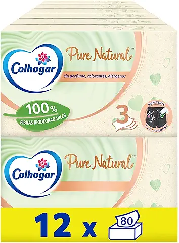 Colhogar Pure Natural 12x80 - Caja de Faciales Suaves Biodegradables - Resistentes a la Lavadora - Hechos con Materiales Reciclados - Caja con 960 Pañuelos Faciales - Color Natural  