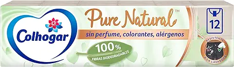 Colhogar Pure Natural x12 - Pañuelos Suaves Desechables Biodegradables - Resistentes a la Lavadora - Hechos con Materiales Reciclados - 12 Paquetes Individuales - Color Natural  