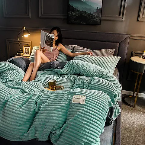 Color Sólido Felpa Franela Funda Nordica,Grueso Suave Reversible Fundas Nordicas,Caliente Shaggy Cubierta del Consolador Invierno Juego De Ropa De Cama-Verde Claro 150x200cm(59x79inch)  