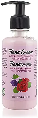 Crema de Manos Natural Para Manos Secas Para Hombres y Mujeres. Con Aceite de Rosa, Aceite de Sésamo y Aceite de Semilla de Uva. Sin Parabenos y Sin Crueldad, 250 ml.  