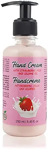 Crema de Manos Natural Para Manos Secas Para Hombres y Mujeres. Con Fresa, Leche y Aceite de Sésamo. Sin Parabenos y Sin Crueldad, 250 ml.  