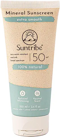 Crema Solar Natural Mineral Deporte FPS 50 Suntribe - 100 ml, Ecológica - 100% Natural y Segura para los Arrecifes, Filtros UV No-Nano Minerales, Muy Resistente al Agua & Sudor - Brillo Blanco  