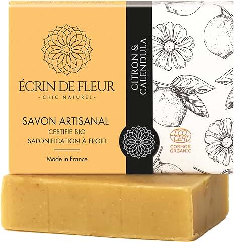 Écrin de Fleur - Jabón Artesanal Ecológico de Limón y Caléndula, para el Lavado de los Manos, Cara y Cuerpo de Hombres y Mujeres, sin Productos Químicos, sin Aceite de Palma, 1x90g  