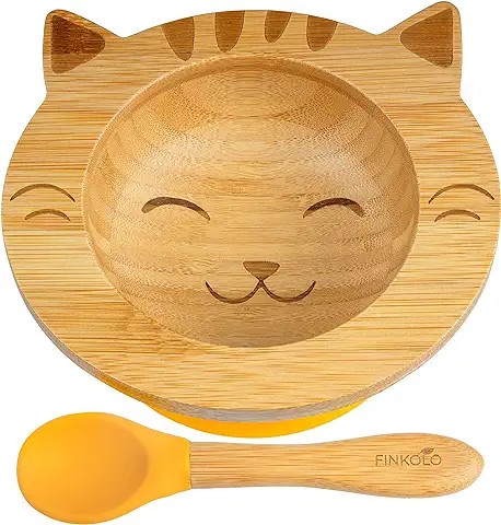 Cuenco bebe Ventosa en Bambú con Cuchara bebe Silicona | El Original Bambol de Finkolo | Forma de Gato | Platos de Aprendizaje  