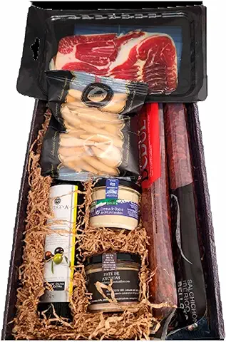 Deliex Delicias de Extremadura. Cesta Gourmet para Regalar con Aceite La Chinta, Jamón, Ibéricos y Patés. Regalos para Cumpleaños o Navidad. Lote Delicatessen.  