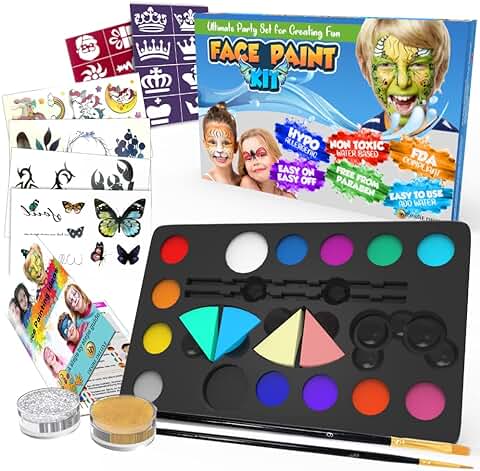 Desire Deluxe Kit Pinturas Cara y Cuerpo para Niños y Niñas con Paleta Amplia de Colores, Juego de Pinceles, Tatuajes Temporales, Esponjas Maquillaje, Purpurinas y Plantillas  