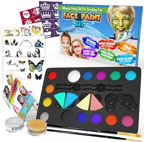 Desire Deluxe Kit Pinturas Cara y Cuerpo para Niños y Niñas con Paleta Amplia de Colores, Juego de Pinceles, Tatuajes Temporales, Esponjas Maquillaje, Purpurinas y Plantillas  