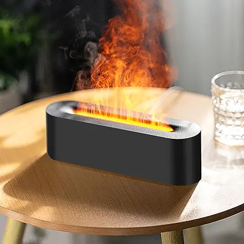 Difusor Aceites Esenciales con Efecto Llama, Humidificador Aceites Esenciales con 7 Colores de Luces LED, 4 Temporizadores y Apagado Automático Sin Agua, Difusor de Aromas para Hogar, Oficina - Negro  