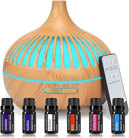Difusor Aceites Esenciales,550ML Humificador de Aromas Ultrasonico con 6 X10ml Aceites Esenciales,Silencioso Humidificador Aceites Esenciales con Mando a Distancia,Timer,7 Color LED,para Hogar, SPA  