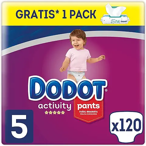 Dodot Pañales Bebé Activity Pants Talla 5 (12-17 kg), 120 Pañales + 1 Pack de 48 Toallitas Gratis Aqua Pure, Pack Mensual  