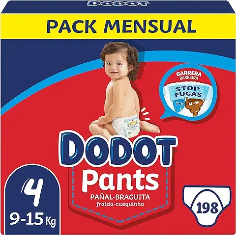Dodot Pañales Bebé Pants Talla 4 (9-15 kg), 198 Pañales, Pañal-Braguita con Ajuste 360° Anti-Fugas, Pack Mensual  