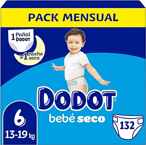 Dodot Pañales Bebé-Seco Talla 6 (+13 kg), 132 Pañales con Protección Antifugas, Pack Mensual  