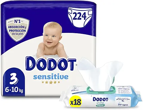 Dodot Pañales Bebé Sensitive Talla 3 (6-10 kg), 224 Pañales + Toallitas Aqua Pure Plastic Free, 18 Paquetes, Máxima Protección de la Piel de Dodot  