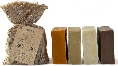 Dr.Ancient Jabón de Leche de Burra + Jabón de Alquitrán de Pino + Jabón de Alepo + Jabón de Bittim, Orgánico, Natural Tradicional Hecho a Mano Antiguo - ¡Sin Químicos! 5 Onza (Paquete de 4)  