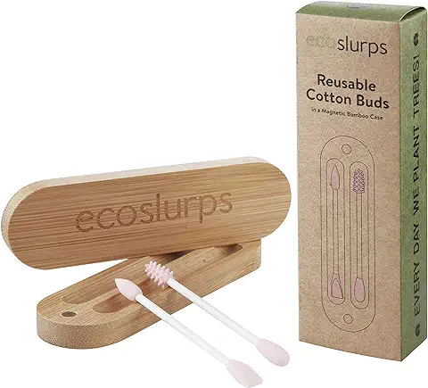 EcoSlurps Rosado Bastoncillos Oídos en una caja de Bambú | Bastoncillos Ecológicos Q-Tip - Bastoncillo de Silicona Limpiador Oídos | Bastoncillos de Algodón | Premiado (2, Rosa)  