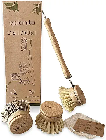 Eplanita Cepillo de Vajilla Natural, 3 Cabezales de Recambio, Cepillos de Cocina de Bambú Ecológico, Esponja Vegetal Extra, Lavado sin Plástico, Limpieza Cero Residuos  