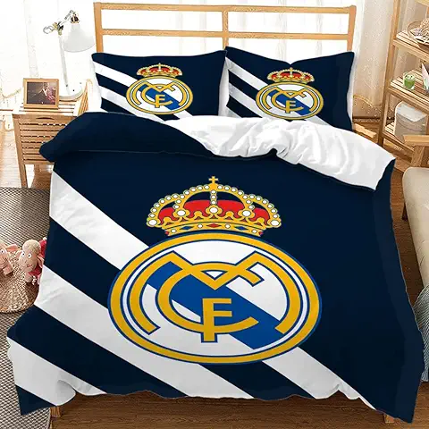 Equipo de Fútbol Madrid Juego de Funda Nórdica Cama de 150/160cm Funda de Edredón de Microfibra Suave con 2 Fundas de Almohada 50x75  