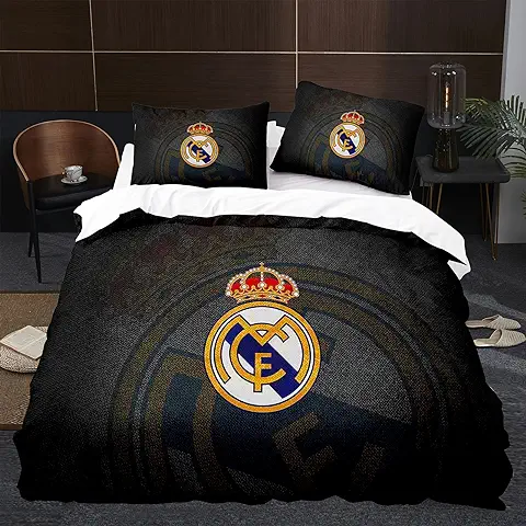 Equipo de Fútbol Real Madrid Juego de Funda Nórdica Cama de 90cm Funda de Edredón de Microfibra Suave con 2 Fundas de Almohada 50x75  