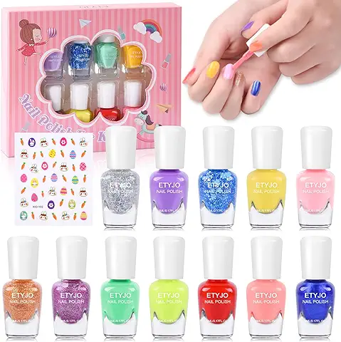 ETYJO Juego de Esmaltes de Uñas para Niños, 12 Colores Secado Rápido Juego de Esmalte de Uñas para Niños, no Tóxico a base de agua con Pegatinas para Uñas  