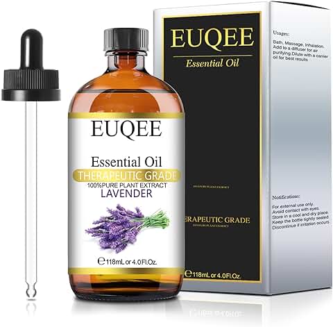 EUQEE Aceite Esencial Naturales Puros 118ml, 100% Aceites Esenciales de Lavanda, Aromaterapia Aceites Esenciales para Humidificador, Difusor, Relajarse  