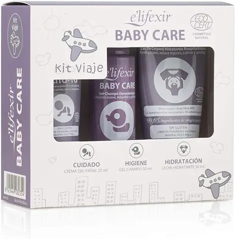 E'LIFEXIR Baby Care, Kit De Viaje para Bebés, Gel Champú 50ml + Leche Corporal Hidratante 50ml + Crema Protectora de Pañal 25ml  