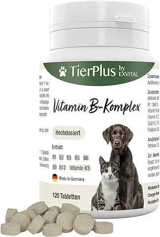 EXVital Tierplus - Complejo de Vitamina B para Perros y Gatos B1, B2, B3, B5, B6, B9, B12, K3, 120 Comprimidos, alta Dosificación, Fabricado en Alemania  