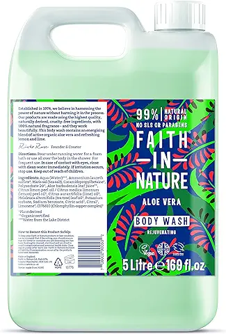 Faith in Nature Gel de Baño Natural de Aloe Vera y Árbol del Té, Rejuvenecedor, Vegano y No Testado en Animales, sin Parabenos ni SLS, Recarga de 5 l  