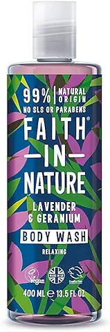 Faith in Nature Gel de Baño Natural de Lavanda y Geranio, Nutritivo, Vegano y No Testado en Animales, sin Parabenos ni SLS, 400 ml  