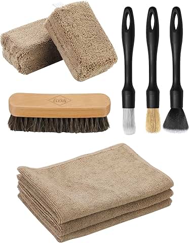 Fantasticlean 9PCS Kit Limpieza Coche Interior, Paño de Microfibra y Esponja, Pincel de Detalle, Cepillo de Crin Natural para Asientos y Cuero-Negro  