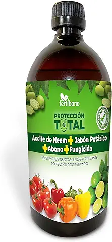 FERTIBONO Protección Total: Jabón Potásico, Aceite de Neem, Fungicida y Abono Natural - Protección, Prevención y Curación de Enfermedades Fúngicas e Insectos Dañinos en Plantas - Residuo Cero (250cc)  