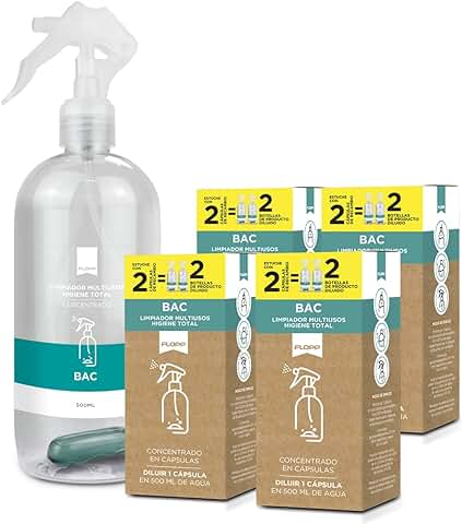 FLOPP - Bac Kit Limpiador Multiusos Concentrado Higienizante en Cápsulas | Pack 1 Botella de 500ml con 50% Pet-PCR Reciclado Reutilizable con una Cápsula + 4 Recargas (9 en Total) | Fórmula Vegana  