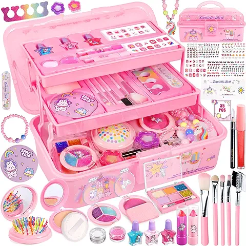 Frasheng Kit de Maquillaje Niñas, 35 Piezas Kit de Maquillaje para Niño Lavable, Juegos de Belleza Cosméticos, Tocador de Maquillaje Niña, Regalos No-Tóxicos para Princesas 3 4 5 6 7 8 9 10+ Años  