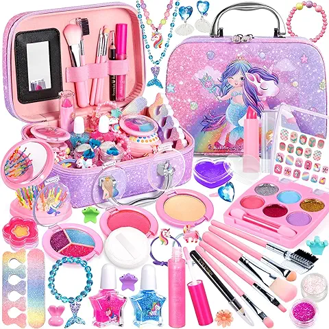 Frasheng Kit de Maquillaje para Niñas, Set de Cosméticos Lavable y No Tóxico, Estuche Maquillaje Niña Juegos de Cosméticos, Regalo Cumpleaños Navidad para Niñas 3 4 5 6 7 8 9 10 Años  