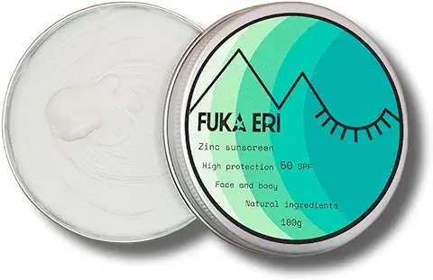 FUKA ERI Protector Solar con zinc No-nano. Ingredientes Minerales y Naturales. Crema Solar 50 SPF. Waterproof/Vegana. Cara y Cuerpo. Sin Plástico. Fácil de Extender. 100g  