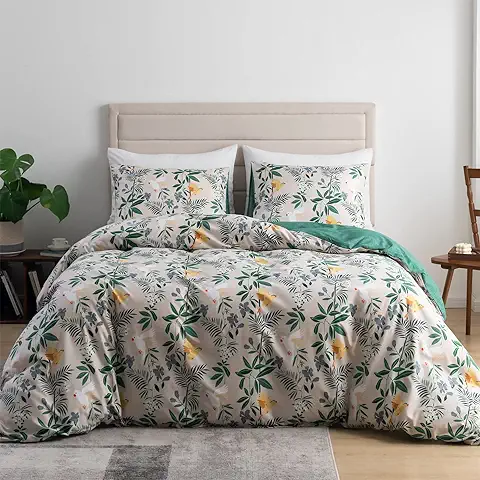 Funda Nordica Botánica para Cama 135/150, Hojas y Pájaros Funda Edredon 220x240 cm y 2 x Fundas de Almohada de 50x75 cm Juego de Fundas Nórdicas de Flores 100% Microfibra Suave, Verde  