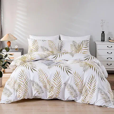 Funda Nordica para Cama 80/90 con Patrón Hojas Tropicales Doradas Funda Edredon 135x200 cm y 1 x Funda de Almohada de 50x75 cm Suave Juego de Ropa de Cama Fundas Nórdicas 100% Microfibra Oro Blanco  