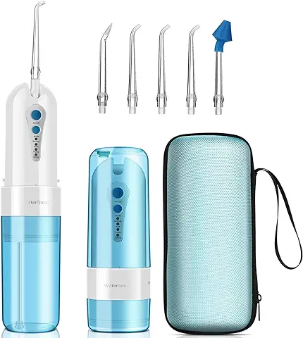 GEEDIAR Irrigador Bucal, Irrigador Dental Portátil USB Recargable Eléctrico Inalámbrico IPX7 Impermeable 150ml Irrigador Oral con 5 Boquillas y Nariz, Aprobado por la FDA, Azul/Blanco  
