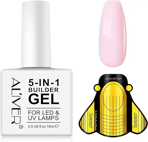 Gel Constructor Uñas 5 en 1, Gel Base Fortalecedor, Esmalte de Uñas UV/LED, Extensiones de Uñas, Reparación de Uñas Rotas, Decoración de Uñas, 20 Piezas Formas de Uñas,15ML(Rosa)  