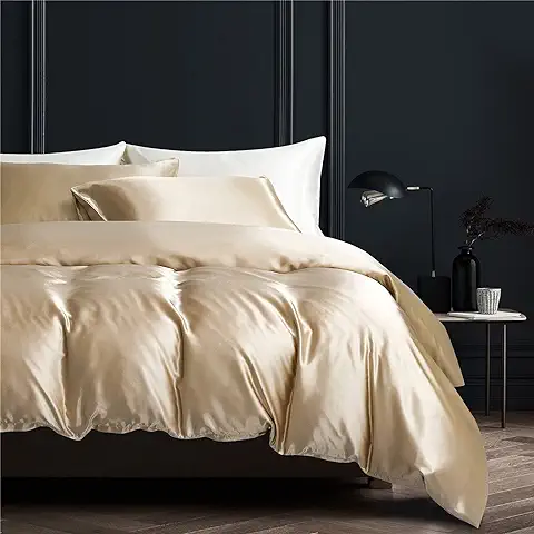 Gezu Juego de Funda Nórdica de 240x260 cm, Satén oro Beige Liso, Juego de cama para 2 Personas, seda Lisa, Sedosa, Brillante, ropa de cama Satinada, 2 Fundas de Almohada de 65x65 cm con Cremallera  