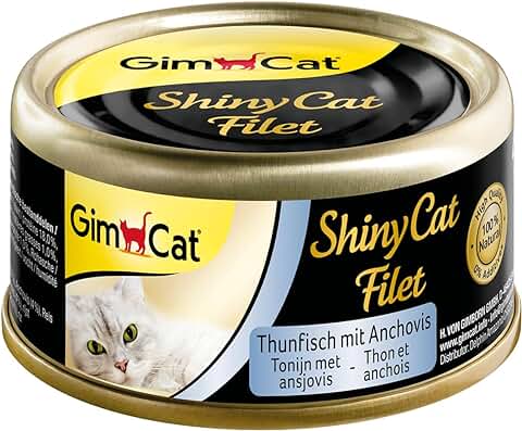 GimCat ShinyCat Filet Atún con Anchoas - Comida para Gatos con Jugoso Filete y sin Azúcar Añadido, para Gatos Adultos - 48 Latas (48 x 70 g)  