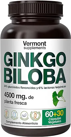 Ginkgo Biloba 4500 mg - 90 Cápsulas Vegetales Antioxidantes para el Flujo Sanguíneo | Mejora la Microcirculación Cerebral, Ayudando a Conseguir una Mejor Memoria y Concentración - Vermont Supplements  